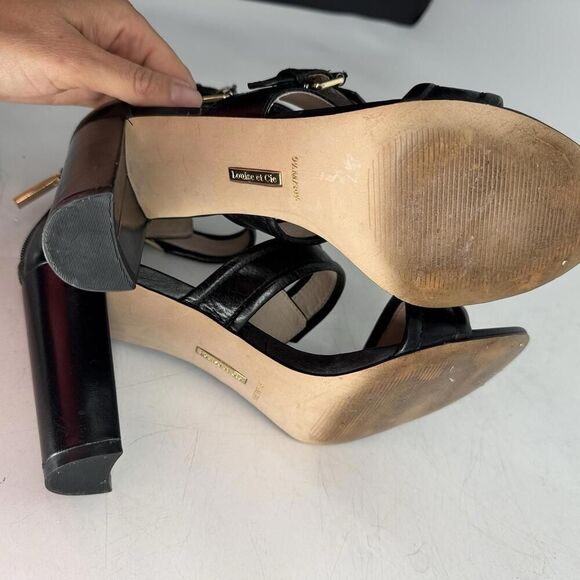 Louise Et Cie Leather Sandals Heels Black Sz 9.5 Peep Toe - Picture 4 of 8
